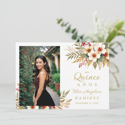 Mis XV Delicate Christmas Spanish Floral Photo  Kaart (Staand voorkant)
