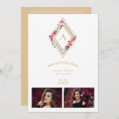 Mis XV Initial 2 Photos Gold effect Floral Diamond Kaart (Voorkant / Achterkant)