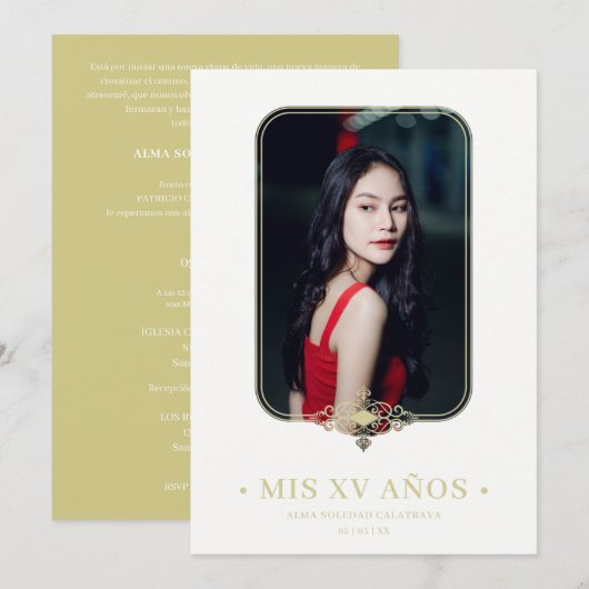 Mis XV Lace Flourish Golden Effect Photo Spaans Kaart (Voorkant / Achterkant)