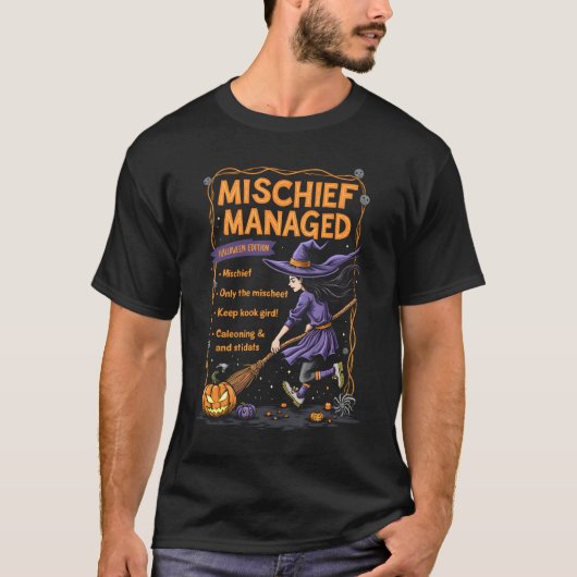 Mischief beheerde hekserij trucs t-shirt (Voorkant)