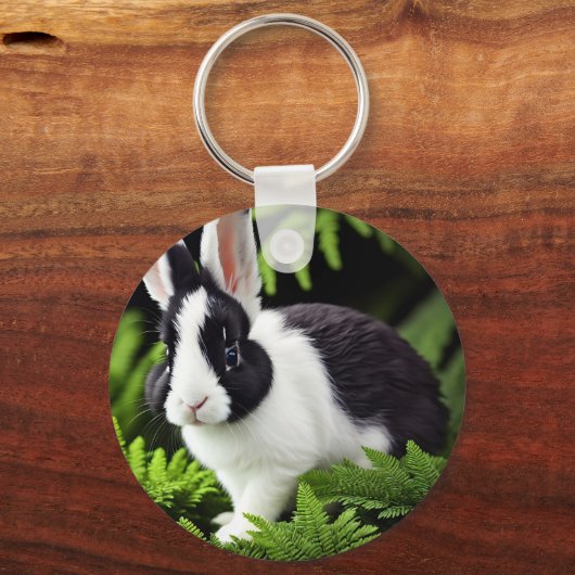 Mischief de zwarte en witte Bunny, keyring Sleutelhanger (Voorkant)