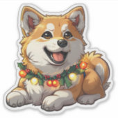 Mischievous Akita verpakt in kerstverlichting Sticker (Voorkant)