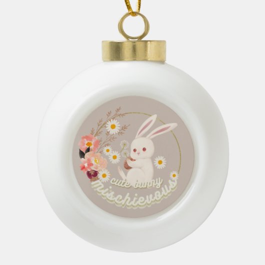 Mischievous Cute Bunny and Flower Ceramic Ornament (Voorkant)