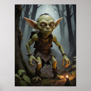 Mischievous Goblin Lurking in een spookbos Poster