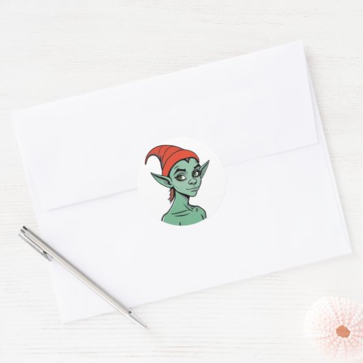 Mischievous Green Elf / Goblin Cartoon Character Ronde Sticker (Envelop)