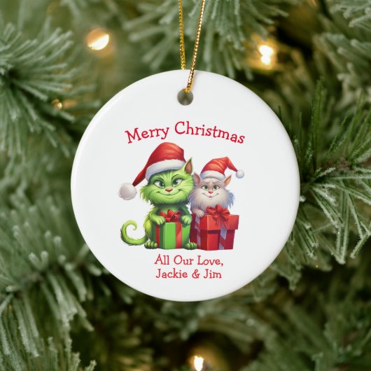 Mischievous groene kerstkatten keramisch ornament (Boom)