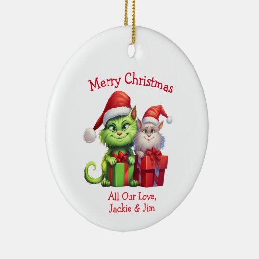 Mischievous groene kerstkatten keramisch ornament (Rechts)