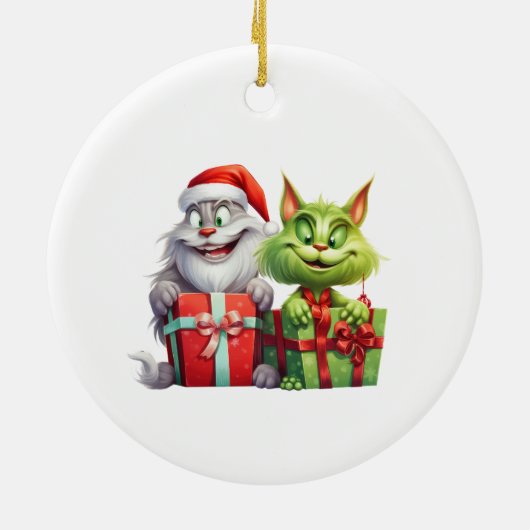 Mischievous groene kerstkatten keramisch ornament (Achterkant)