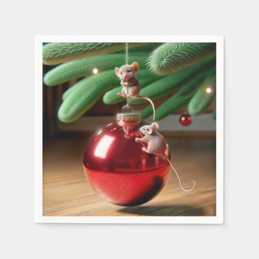 Mischievous muizen op een kerst ornament servet (Voorkant)