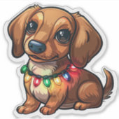 Mischievous teckel verpakt in kerstverlichting sticker (Voorkant)