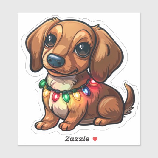 Mischievous teckel verpakt in kerstverlichting sticker (Vel)