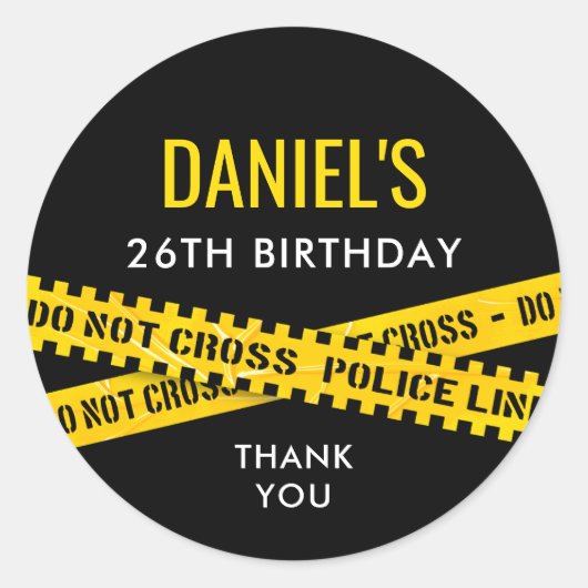 Misdaadscène Verjaardagsfeest met gele politieband Ronde Sticker (Voorkant)