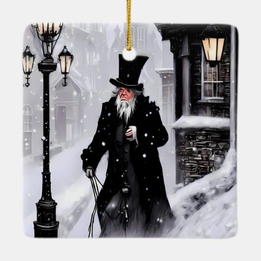 Miserly Ebenezer Scrooge Snowy Victoriaans Street Keramisch Ornament (Achterkant)
