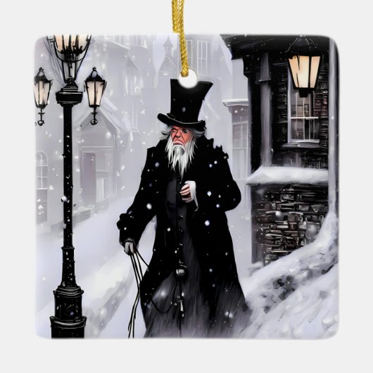 Miserly Ebenezer Scrooge Snowy Victoriaans Street Keramisch Ornament (Voorkant)