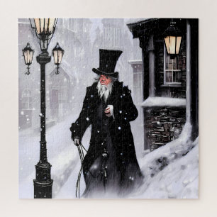 Miserly Ebenezer Scrooge Snowy Victoriaans Street Legpuzzel