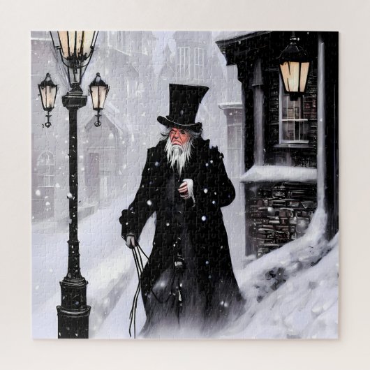 Miserly Ebenezer Scrooge Snowy Victoriaans Street Legpuzzel (Verticaal)