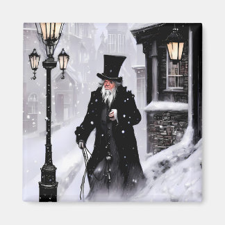 Miserly Ebenezer Scrooge Snowy Victoriaans Street Magneet