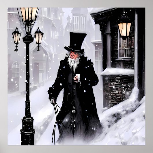 Miserly Ebenezer Scrooge Snowy Victoriaans Street Poster (Voorkant)