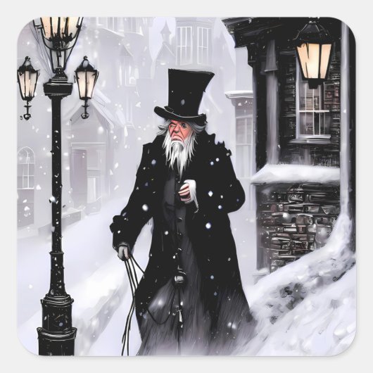 Miserly Ebenezer Scrooge Snowy Victoriaans Street Vierkante Sticker (Voorkant)