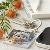 Misha - Een pluizige sneeuwluipaard Sleutelhanger (Voorkant Rechts)