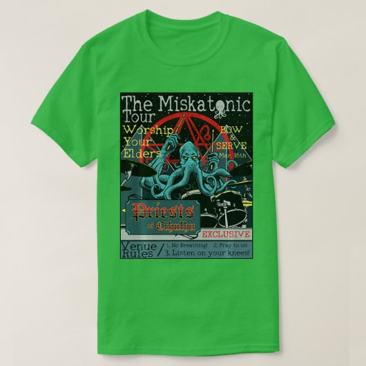 Miskatonic our Cthulhu Drummer Rock Concert Horror T-shirt (Design voorkant)