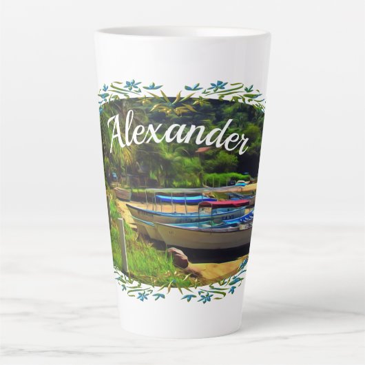 Mismaloya Boats op de rivier 0350 Latte Mok (Voorkant)