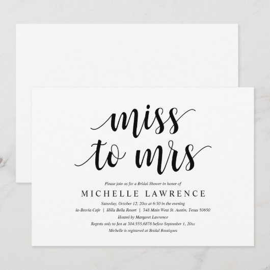 Miss aan Mrs., Modern Bridal Shower Uitnodiging (Voorkant / Achterkant)
