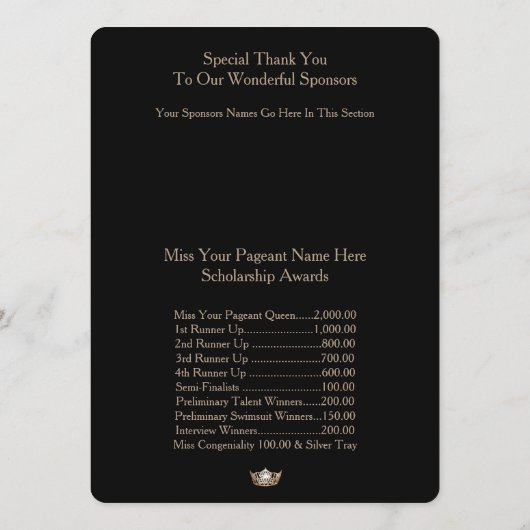Miss America Gold Crown 2 Awards Ball Program Kaar Programmakaart (Achterkant)