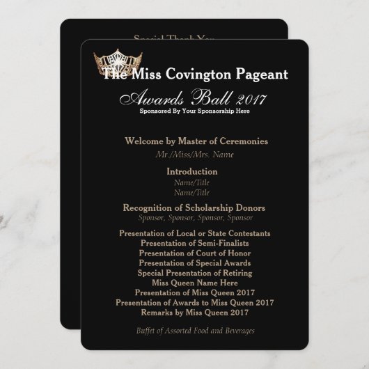 Miss America Gold Crown 2 Awards Ball Program Kaar Programmakaart (Voorkant / Achterkant)