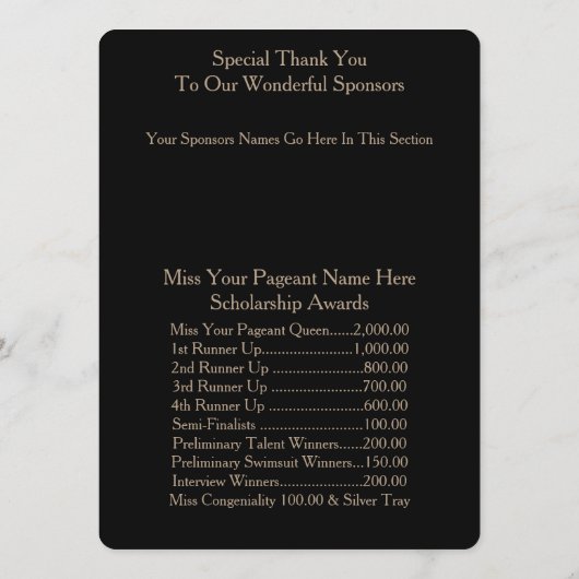 Miss America Gold Crown Awards Bal Programma Kaart (Achterkant)