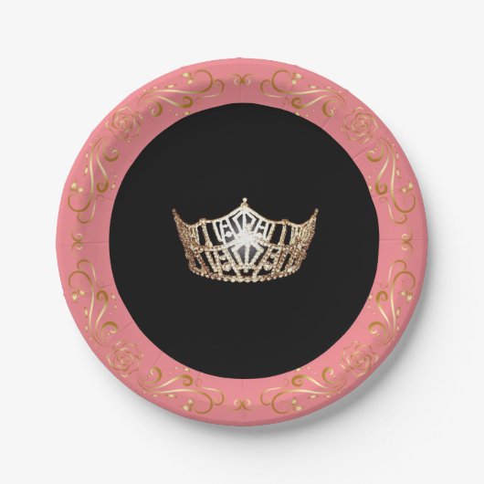 Miss America Pink-Coral Gold Crown 7" Papieren Bor Bordje (Voorkant)