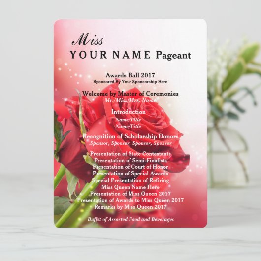 Miss America Red Rose Pageant Awards Bal Programma Programmakaart (Staand voorkant)