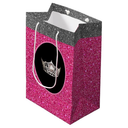 Miss America Silver Crown Pink FX GlitterGift Bag Medium Cadeauzakje (Voorkant Gekanteld)