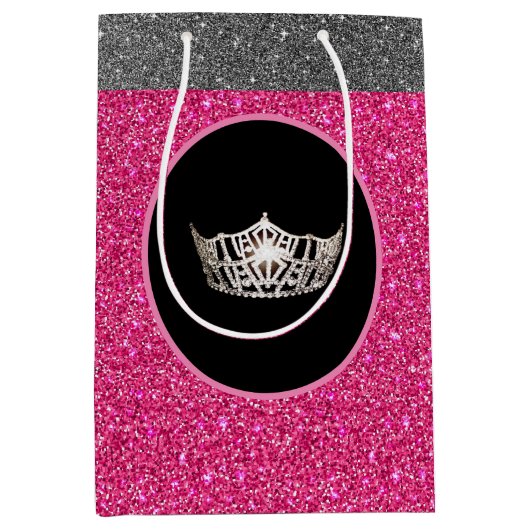 Miss America Silver Crown Pink FX GlitterGift Bag Medium Cadeauzakje (Voorkant)
