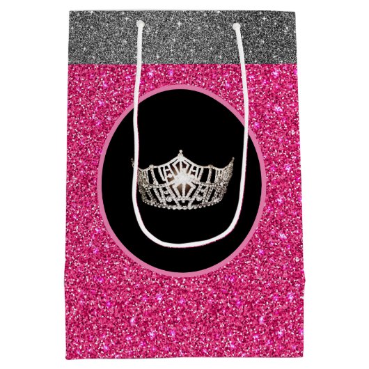 Miss America Silver Crown Pink FX GlitterGift Bag Medium Cadeauzakje (Achterkant)