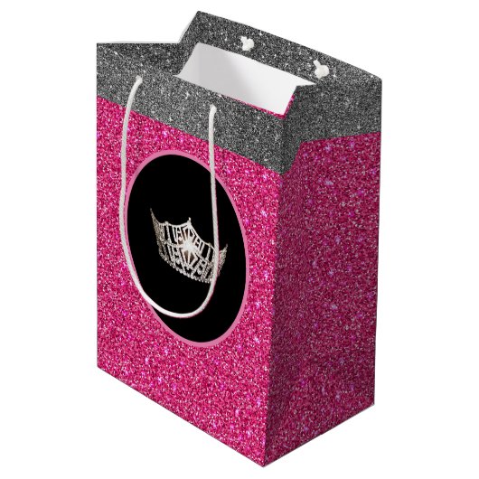 Miss America Silver Crown Pink FX GlitterGift Bag Medium Cadeauzakje (Achterkant Gekanteld)
