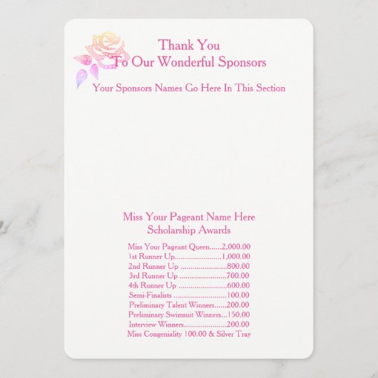 Miss America stijl Awards Bal Programma's (Achterkant)