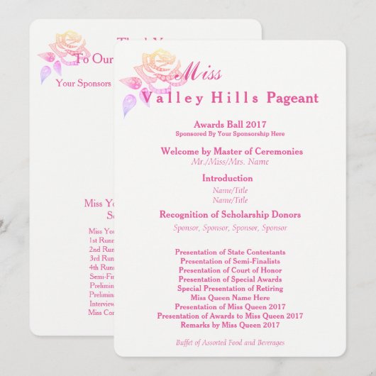 Miss America stijl Awards Bal Programma's (Voorkant / Achterkant)