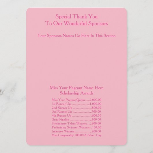 Miss America stijl Awards Bal Programma's (Achterkant)