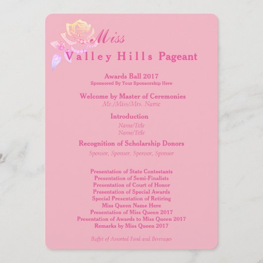 Miss America stijl Awards Bal Programma's (Voorkant)
