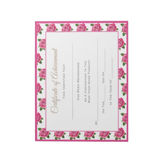 Miss America stijl Pageant Certificaten-Rozen Notitieblok (Linkerzijde)