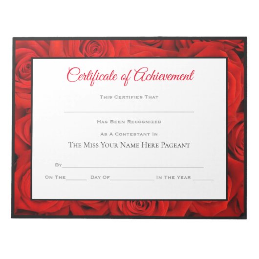 Miss America stijl Pageant Certificaten-Rozen Notitieblok (Voorkant)