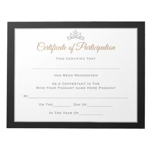 Miss America stijl Pageant Certificates-Particptn Notitieblok (Voorkant)