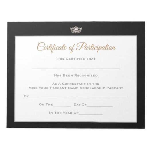 Miss America stijl Pageant Certificates-Particptn Notitieblok (Voorkant)