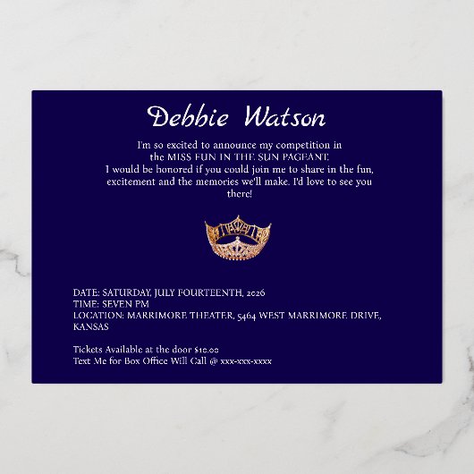 Miss America Style Crown Shell Bewaar de datum Folie Uitnodiging (Achterkant)