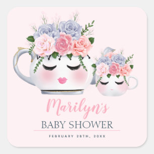 Miss Eyelashes Teapot Mam Baby Floral Baby shower Vierkante Sticker