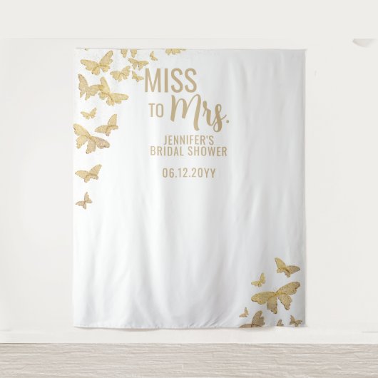 Miss Gold Butterfly Chic White Bridal Backdrop Wandkleed (Voorkant)