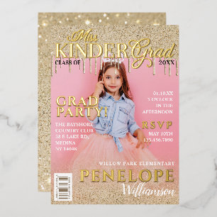 Miss Kinder Afstudeerder Gold Glitter Drip Magazin Folie Uitnodiging