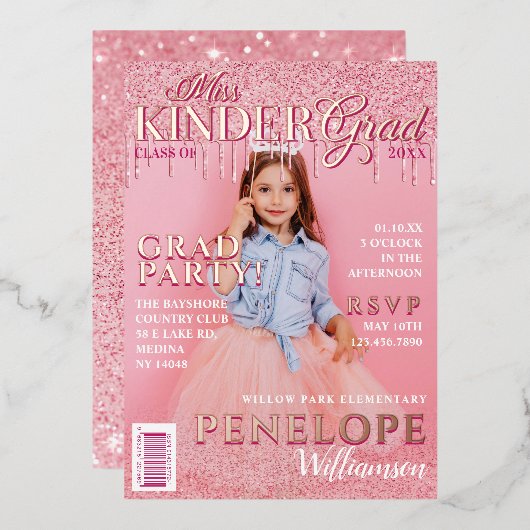 Miss Kinder Afstudeerder Pink Glitter Drip Magazin Folie Uitnodiging (Voorkant / Achterkant)