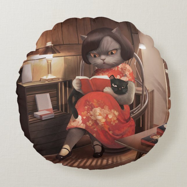 Miss Meow -  kattenleestijd Rond Kussen (Voorkant)